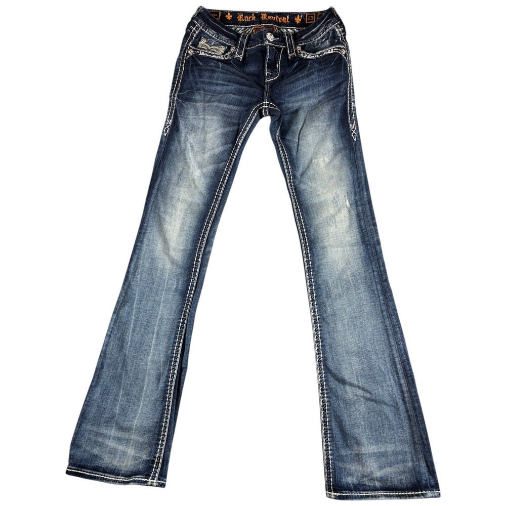 Rock Revival Cherilyn Jeans Women 25 Blue Midrise Bootcut Washed Vintage Y2K